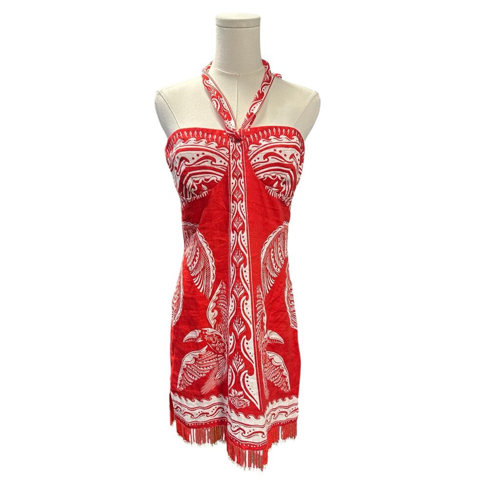 Farm Rio Red Majestic Coconut Tree Euroflax Premium Linen Mini Dress - Picture 4 of 11